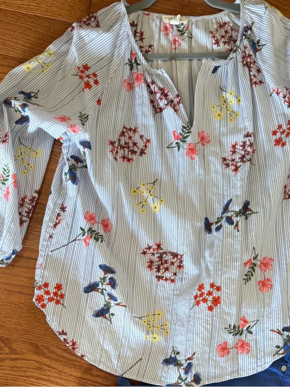 Tribal Blue & White Striped Floral  Blouse